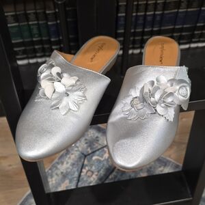 Silver Floral Embellished Women's Mules, Size 11WW, Brand New!